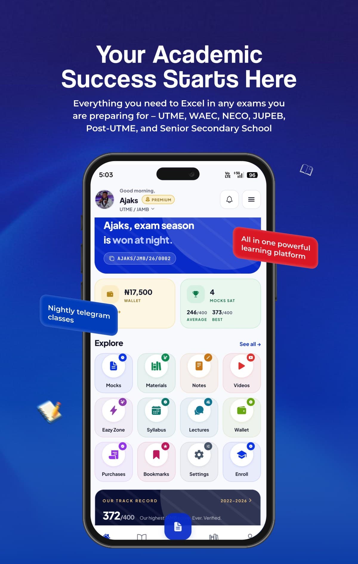 The Ajaks Academy home screen wallet, mock averages and every section one tap away